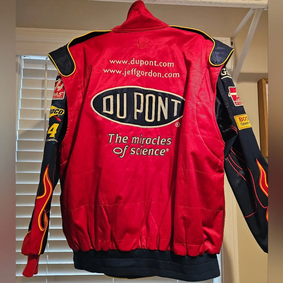 Dupont Jeff Gordon Red Racing Jacket snap front flames on sleeves Size Large - Picture 11 of 14